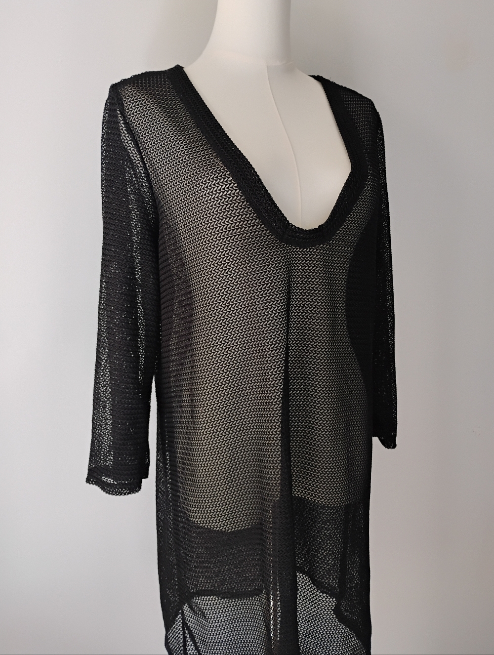 Black Sheer Mesh Swimsuit Cover 3/4 Sleeves Size L